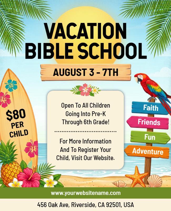 Colorful Tropical Vacation Bible School Adventure Flyer Template