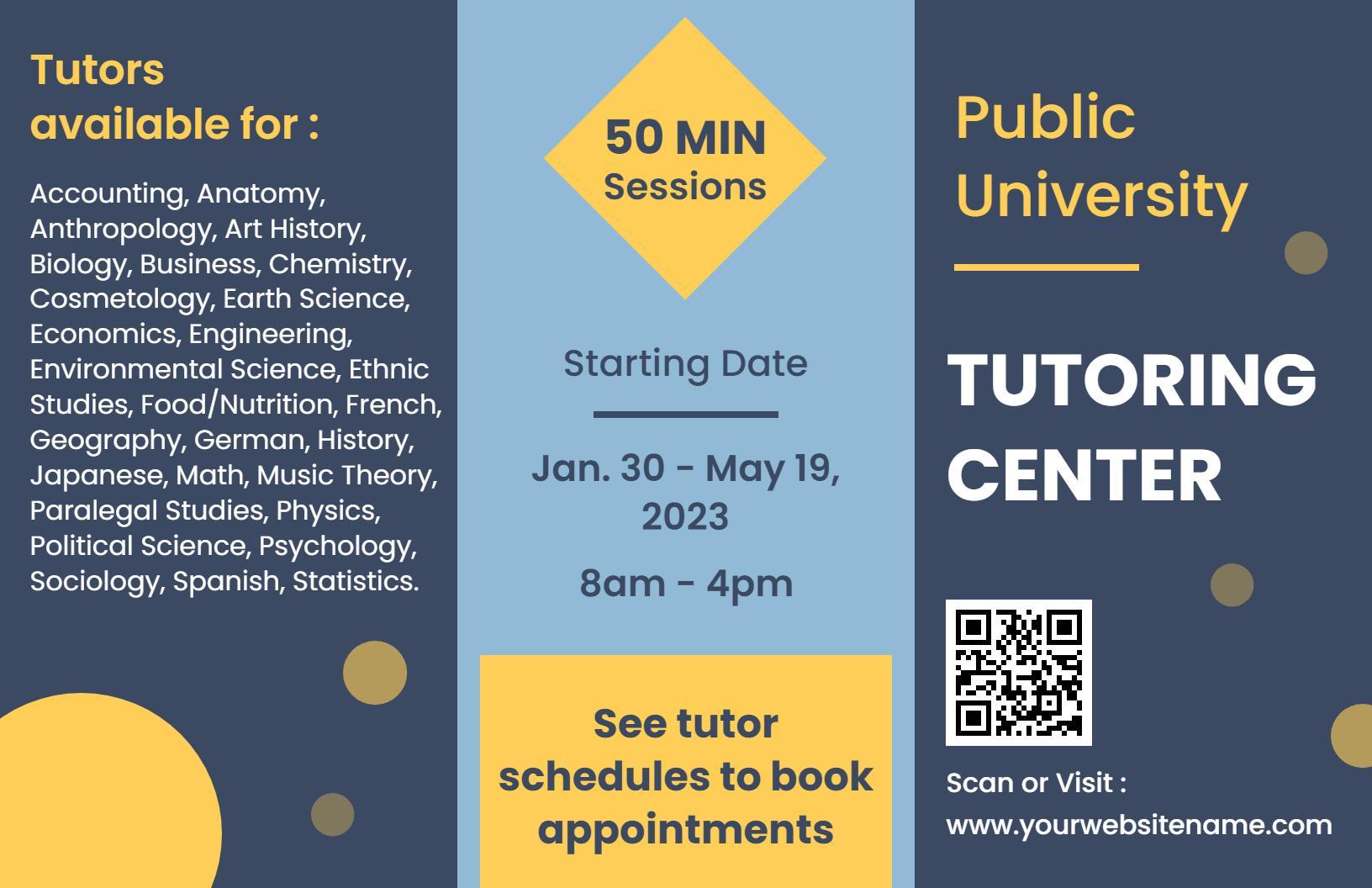 Colorful University Tutoring Session Schedule Brochure Template