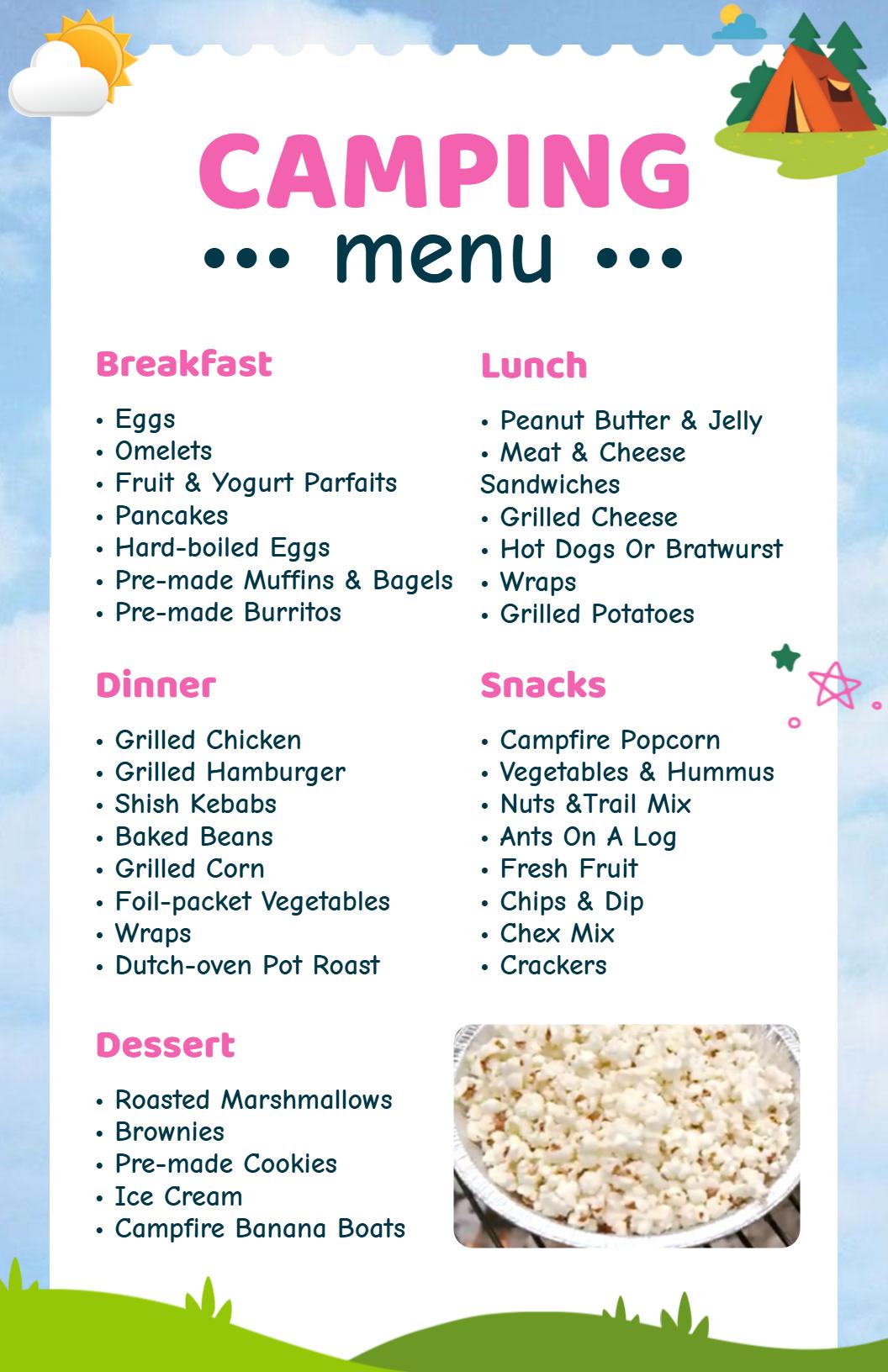 Colorful Wilderness Camping Retreat Cuisine Menu Template