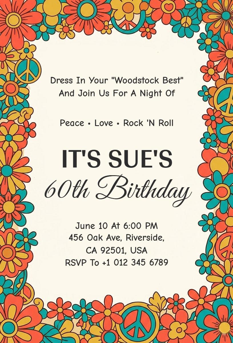 Colorful Woodstock 60th Birthday Celebration Invitation Template
