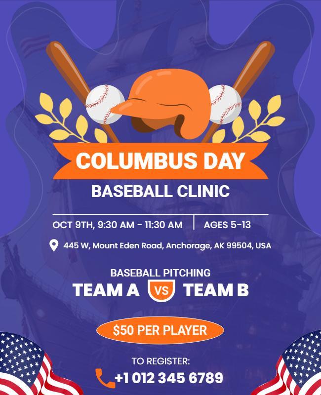 Columbus Day Baseball Clinic Event Flyer Template