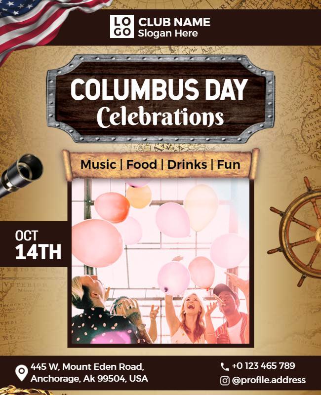 Festive Wooden Theme Columbus Day Celebrations Flyer Template