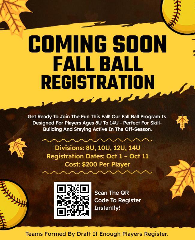 Coming Soon Fall Season Softball Sports Registration Flyer Template