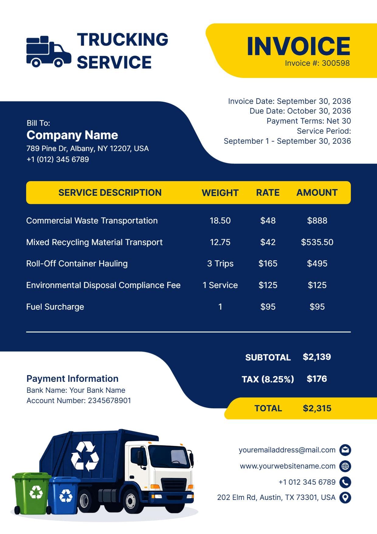 Commercial Waste Transport and Recycling Billing Trucking Invoice Template