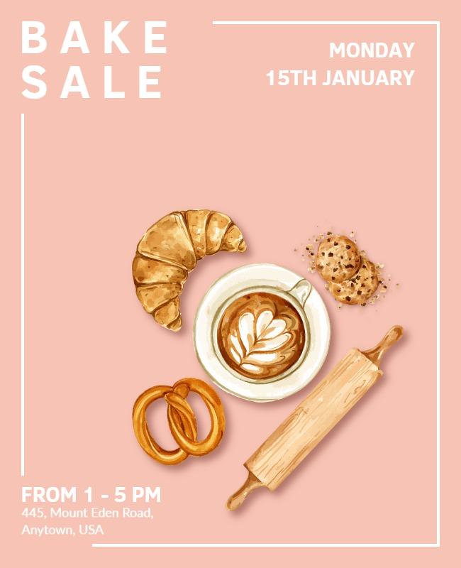 Charming Pastel Pink Bake Sale with Coffee and Pastries Flyer Template