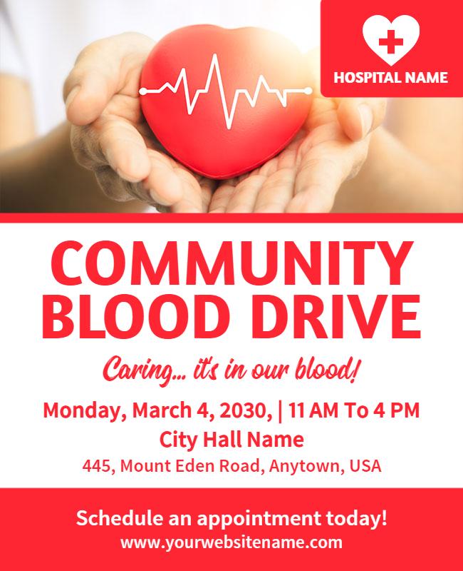 Heartfelt Red Community Blood Drive Event Flyer Template