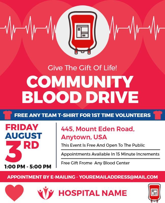 Vibrant Red Community Blood Drive Event Flyer Template