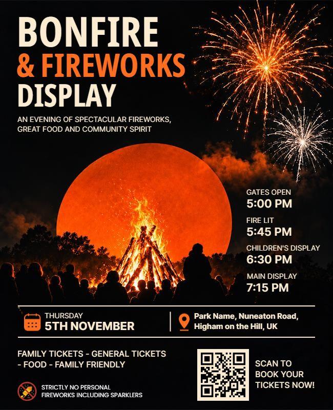 Community Bonfire and Fireworks Display Flyer Template
