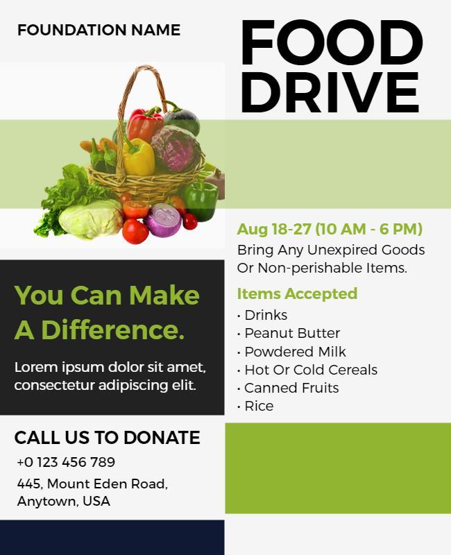 Vibrant Green Food Drive Donation Flyer Template