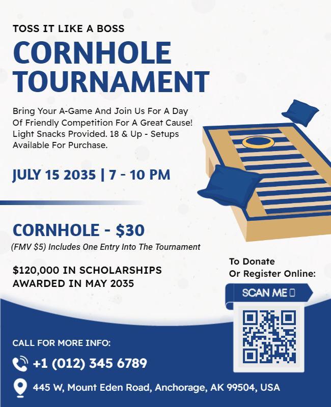 Sporty Blue Cornhole Tournament Fundraiser Flyer Template