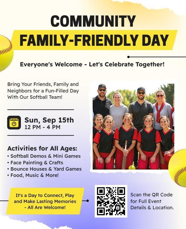 Community Family-Friendly Fun Day Softball Celebration Flyer