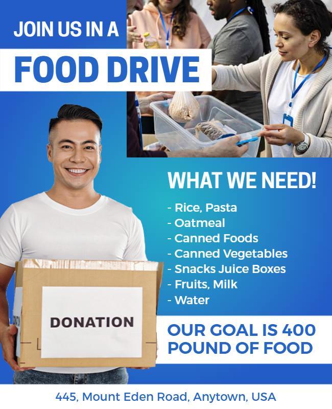 Bright Blue Community Food Drive Donation Flyer Template