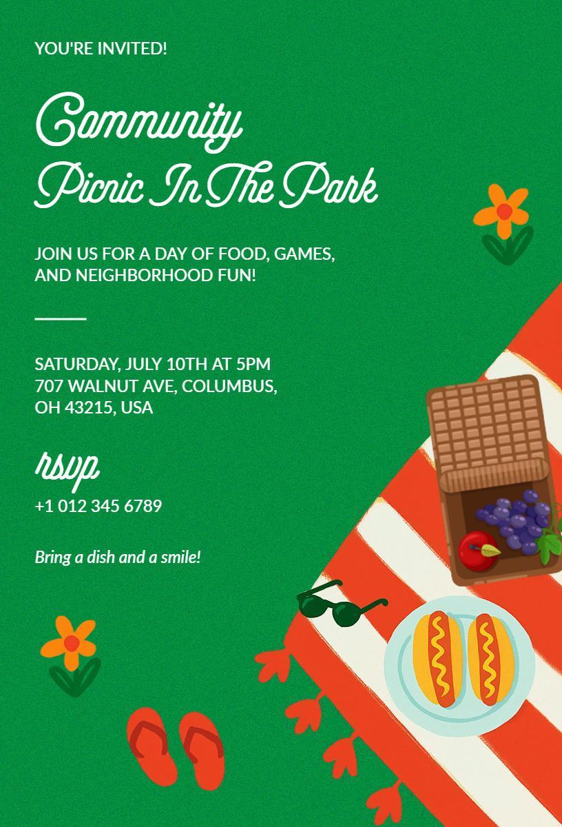 Community Outdoor Family Picnic Celebration Invitation Template