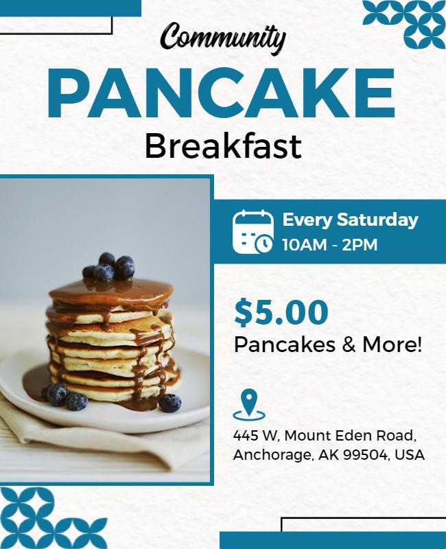 Bright Blue Community Pancake Breakfast Announcement Flyer Template