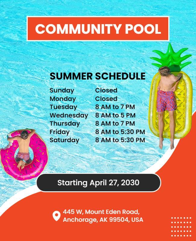 Community Pool Summer Schedule Flyer Template