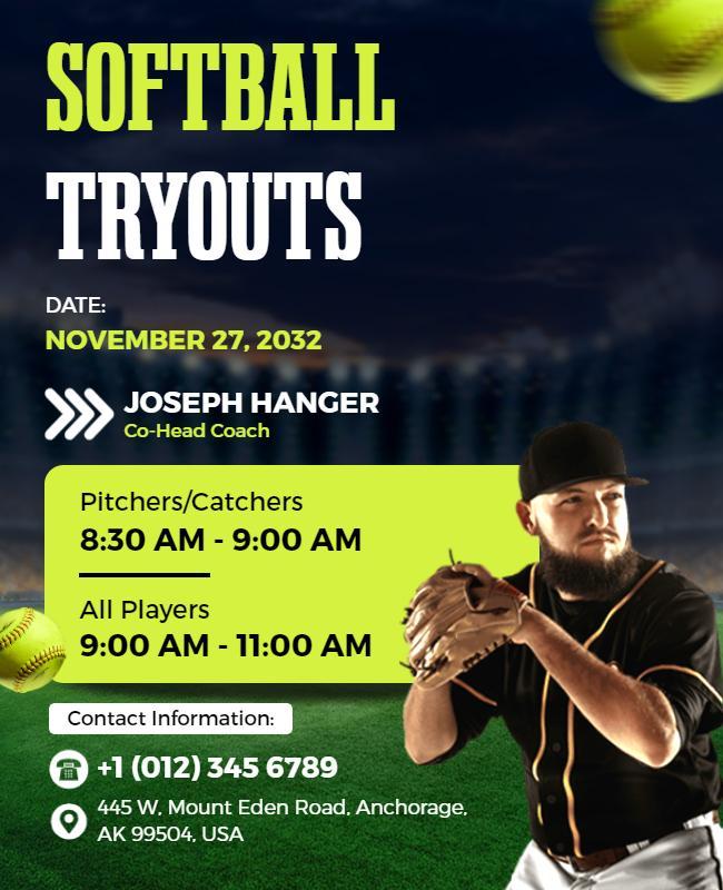 Community Softball Tryouts Announcement Flyer Template