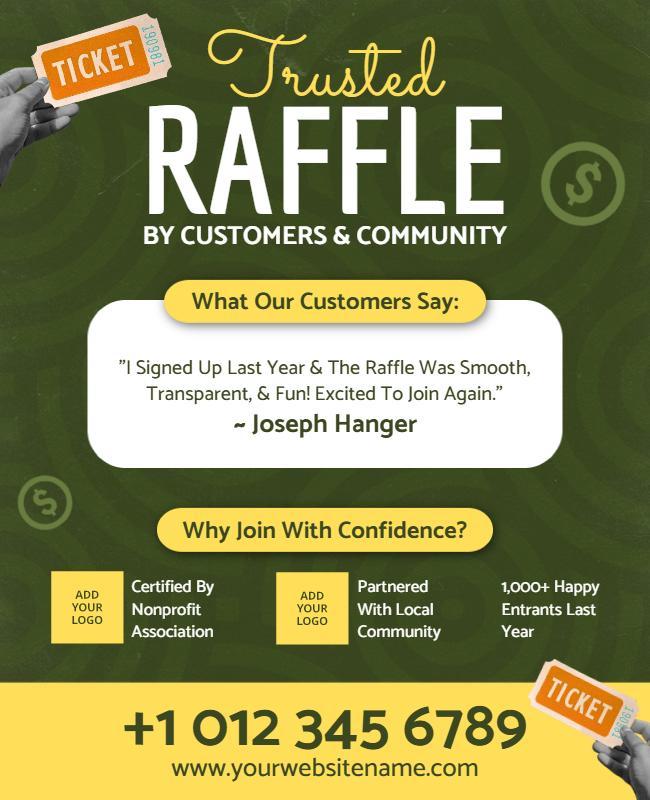 Trust signals on raffle flyers showing credentials, testimonials, and contact info