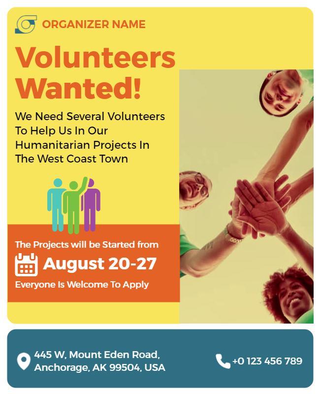 Cheerful Yellow Volunteer Recruitment Humanitarian Project Flyer Template