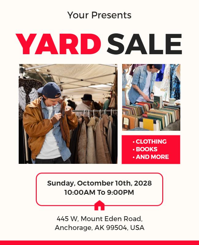 Bold Red Yard Sale with Clothing and Books Flyer Template