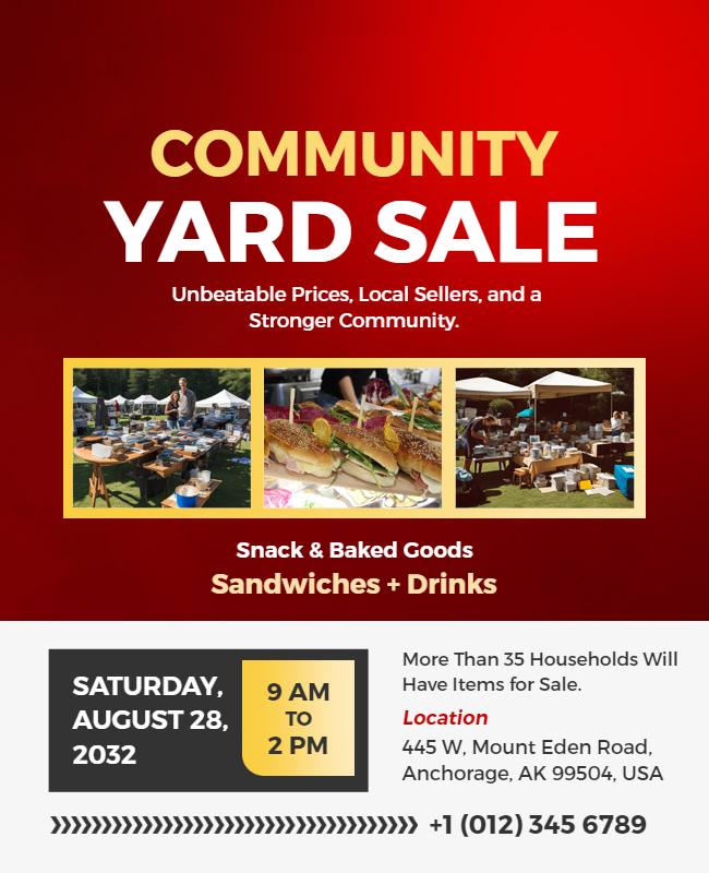 Community Red Yard Sale with Snacks and Baked Goods Flyer Template