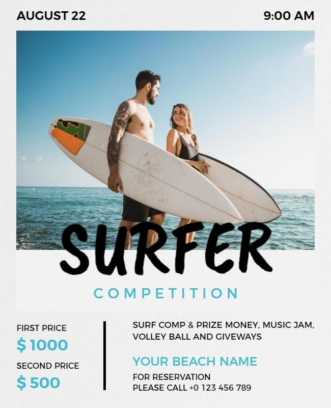 Dynamic Beach Theme Surfer Competition Event Flyer Template