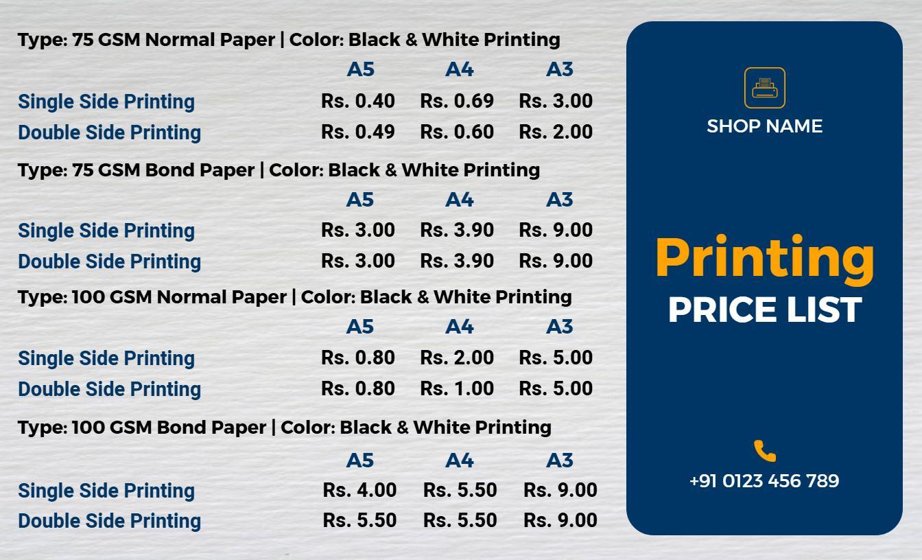 Comprehensive 75 and 100 GSM Printing Options Price List Template