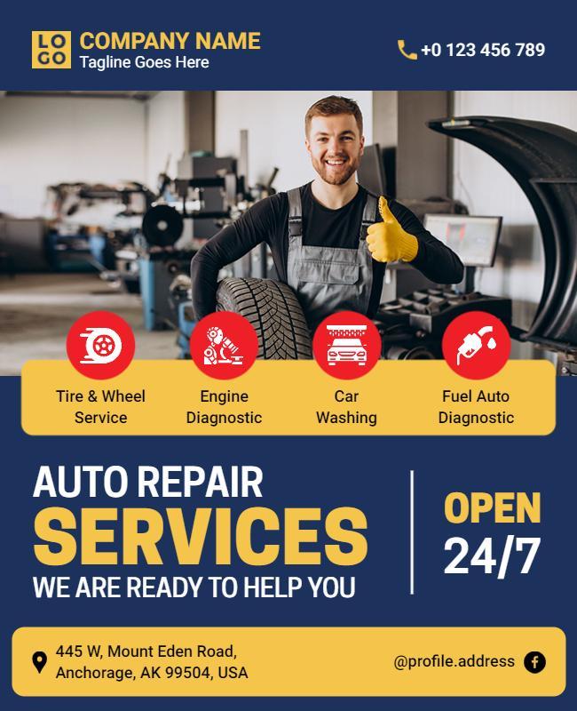 Bold Blue Auto Repair Services Open 24/7 Flyer Template