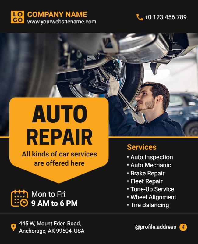 Professional Yellow Auto Repair Service Flyer Template