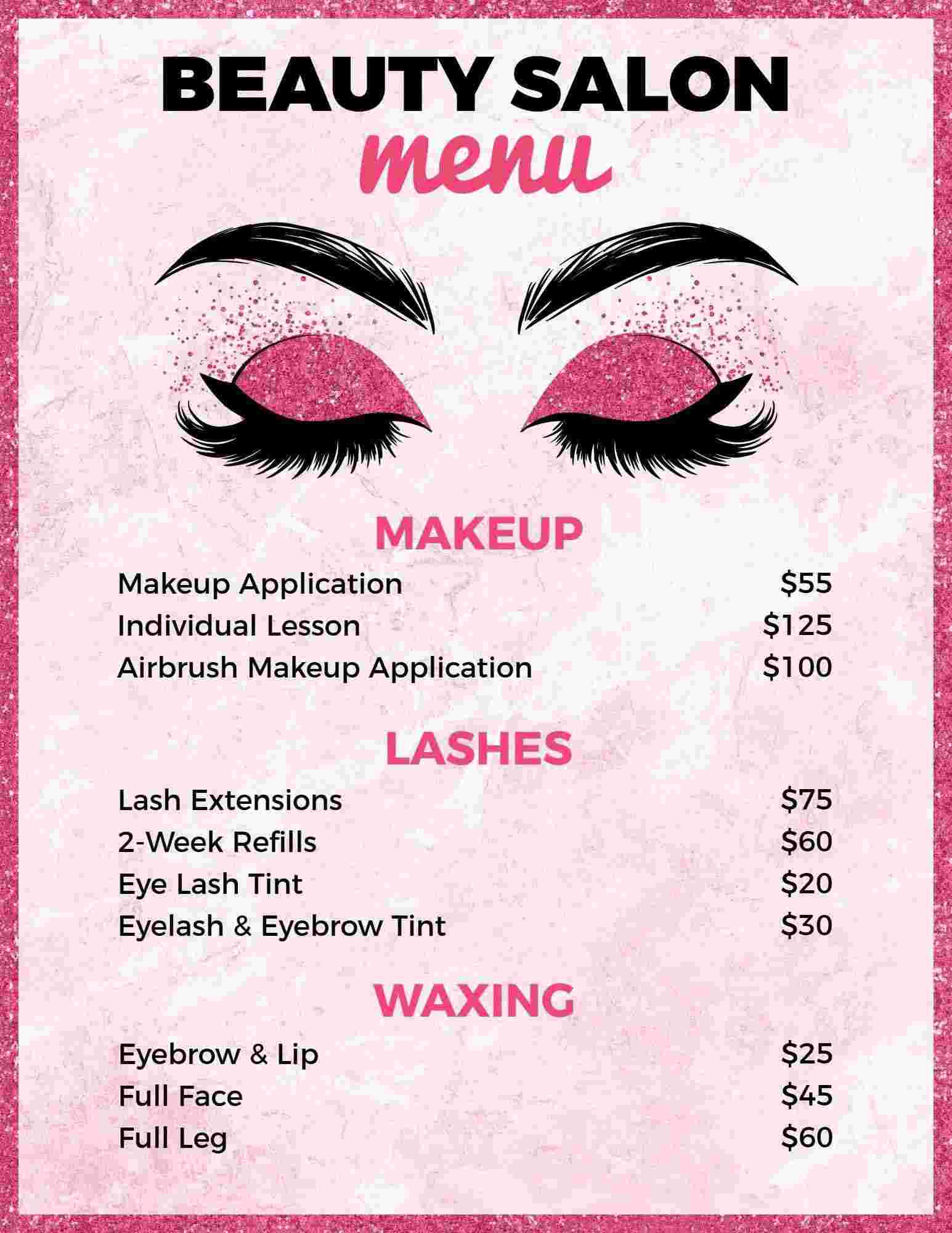 Comprehensive Beauty Treatments and Pricing Salon Menu Template
