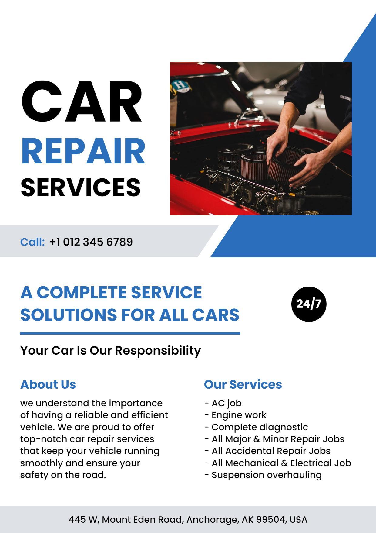 Comprehensive Car Repair Service A4 Flyer Template