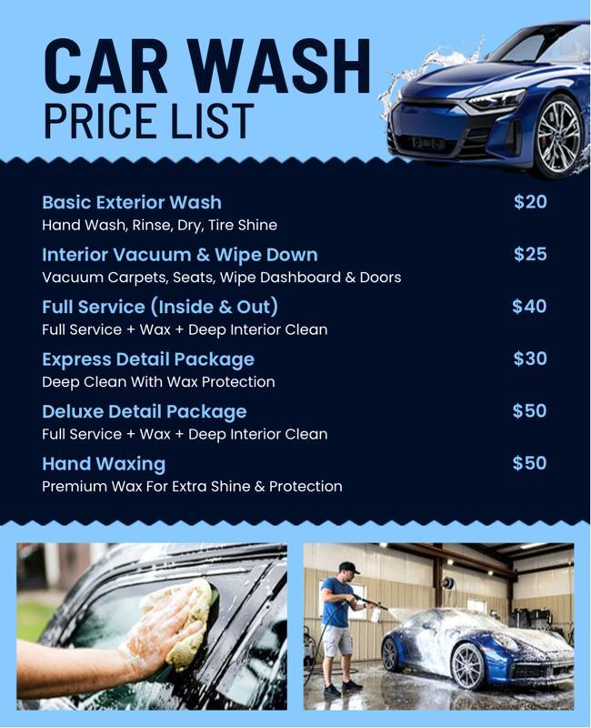 Comprehensive Car Wash Service Price List Poster Template