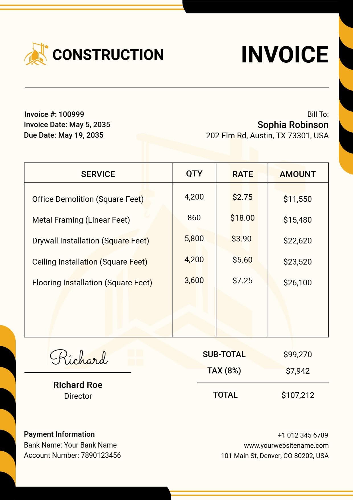 Comprehensive Commercial Building Services Billing Construction Invoice Template