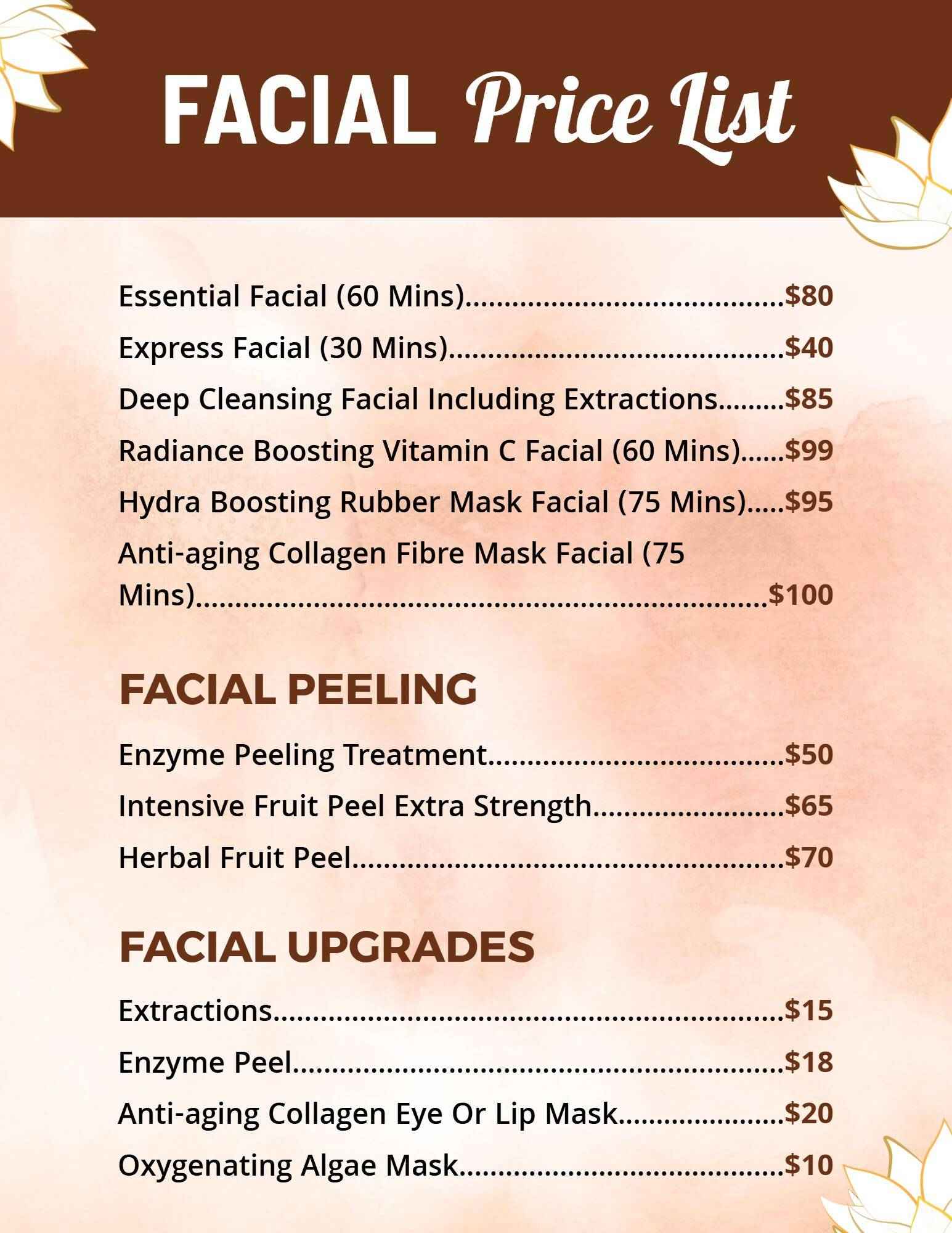 Comprehensive Facial Peeling and Upgrade Options Price List Template