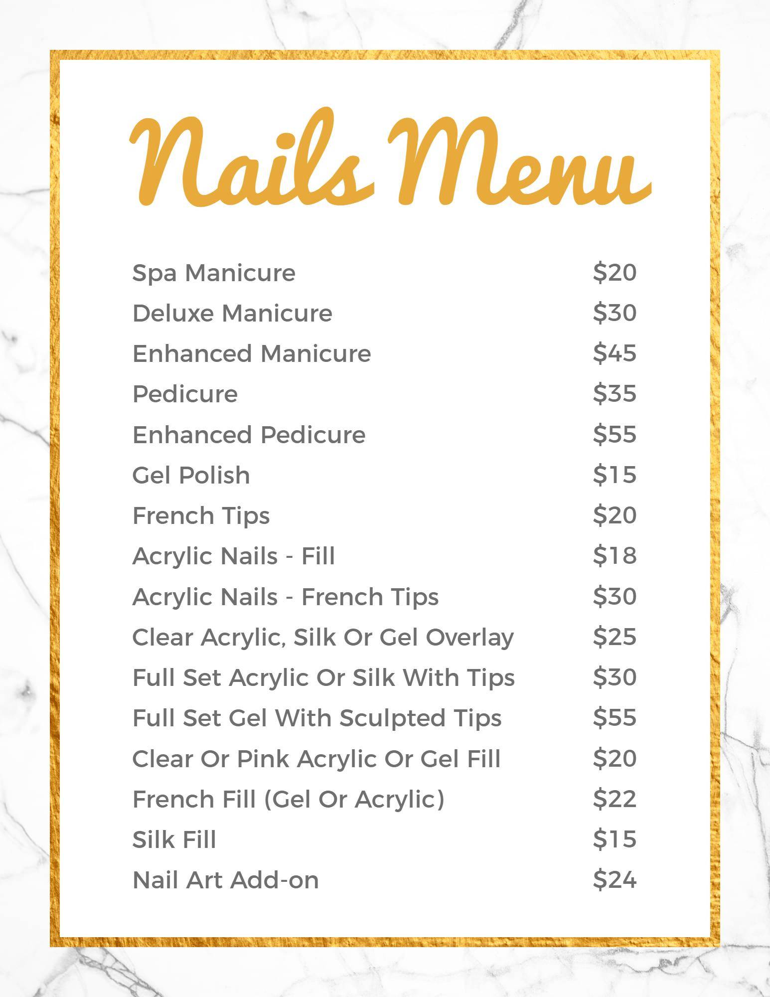 Comprehensive Gel Polish Options and Fills Nail Menu Template