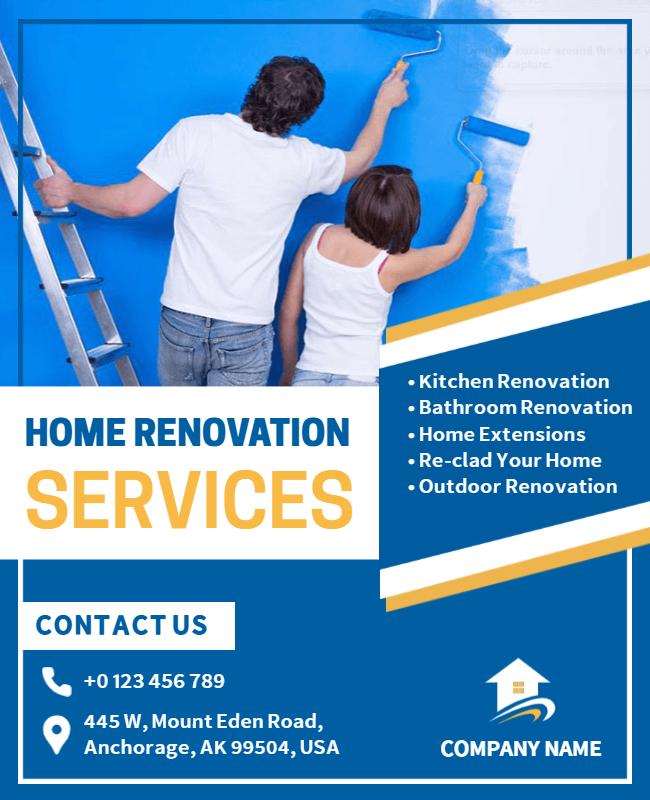 Bright Blue Home Renovation Services Flyer Template