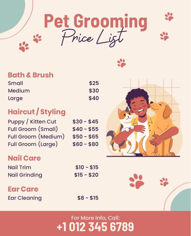 Comprehensive Pet Grooming Services Price List Template