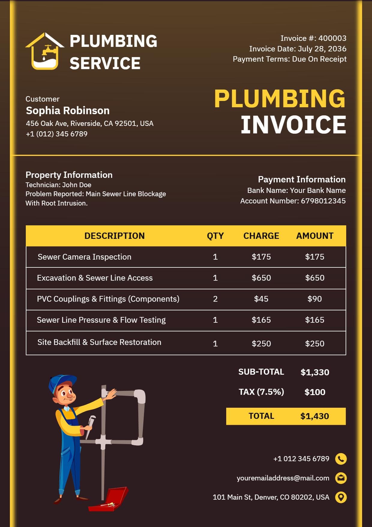 Comprehensive Pipe Repair and Inspection Charges Plumbing Invoice Template