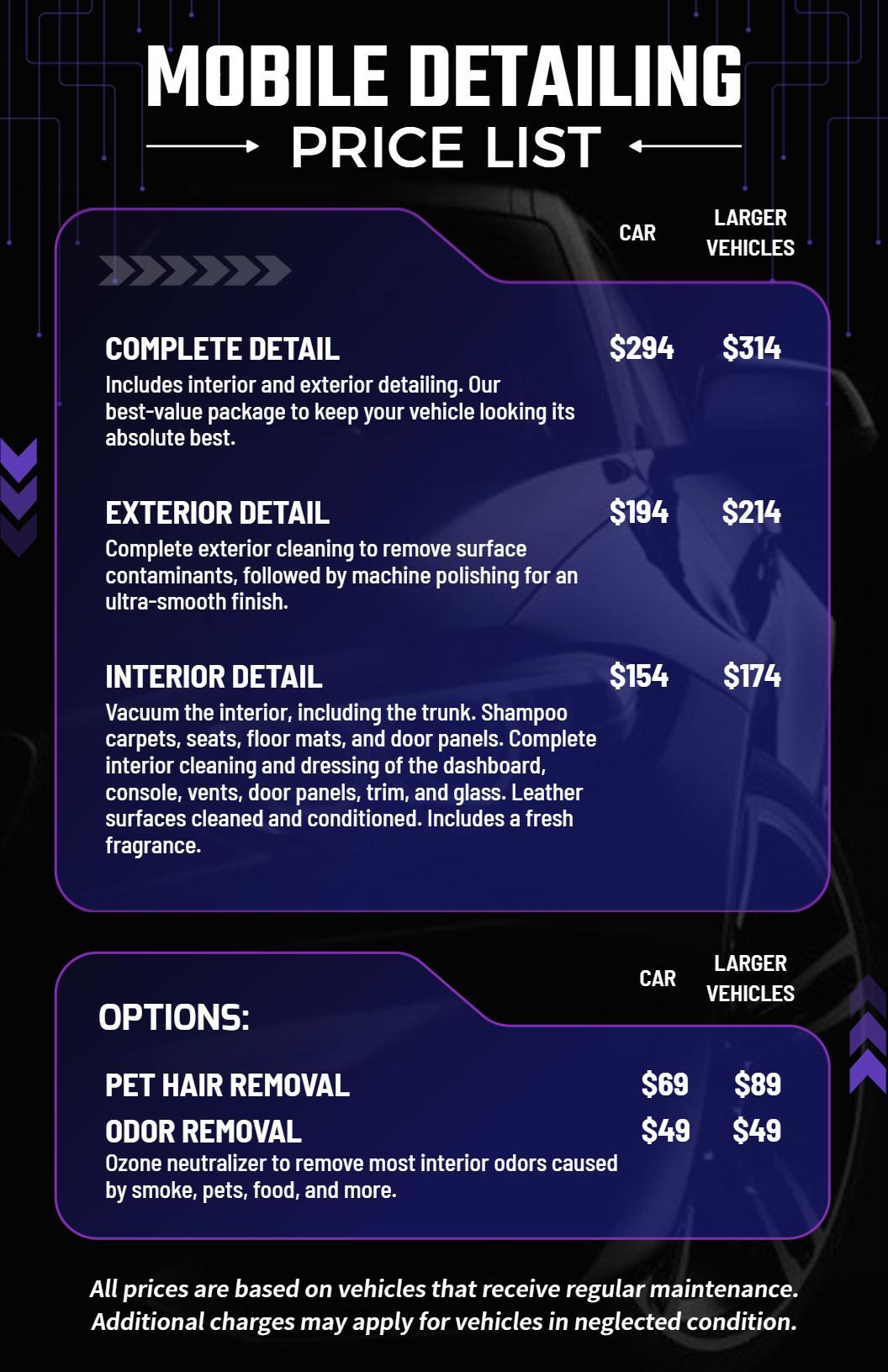 Comprehensive Vehicle and Interior Cleaning Mobile Detailing Price List Template