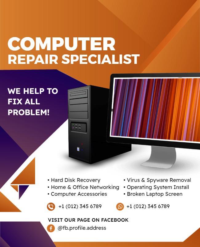 Modern Purple Graphic Computer Repair Specialist Flyer Template