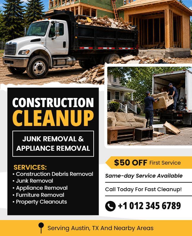Construction Cleanup Junk and Appliance Removal Services Flyer Template