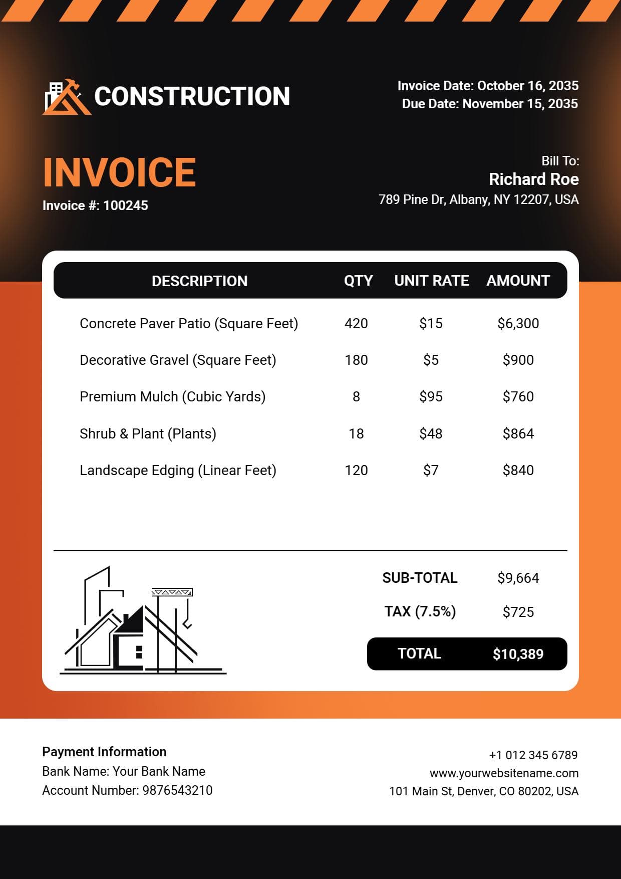 Construction Cost and Quantity Invoice Template
