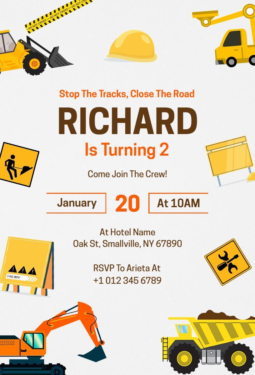 Construction Crew Themed Birthday Celebration Invitation Template