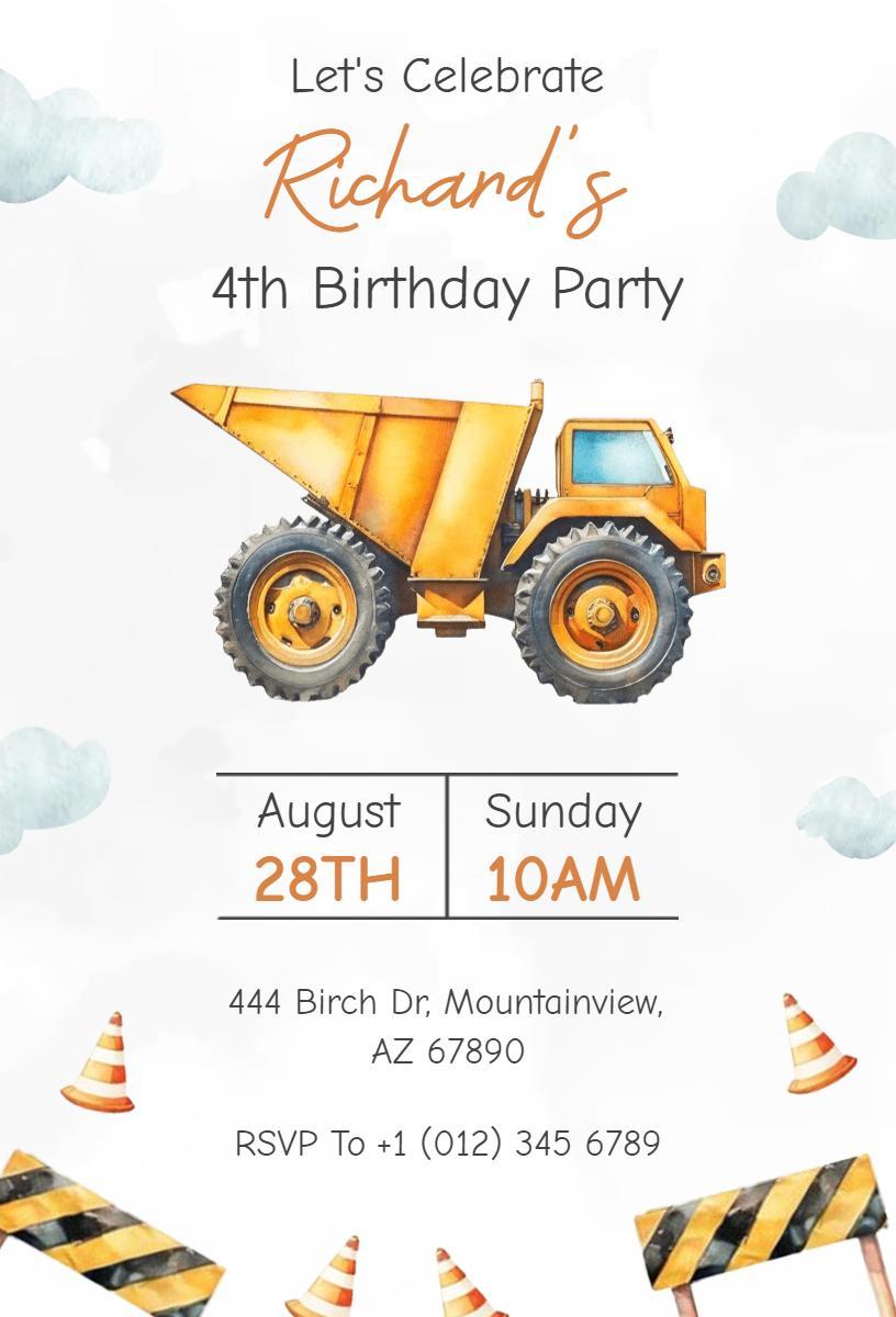 Construction Dump Truck Themed Birthday Party Invitation Template