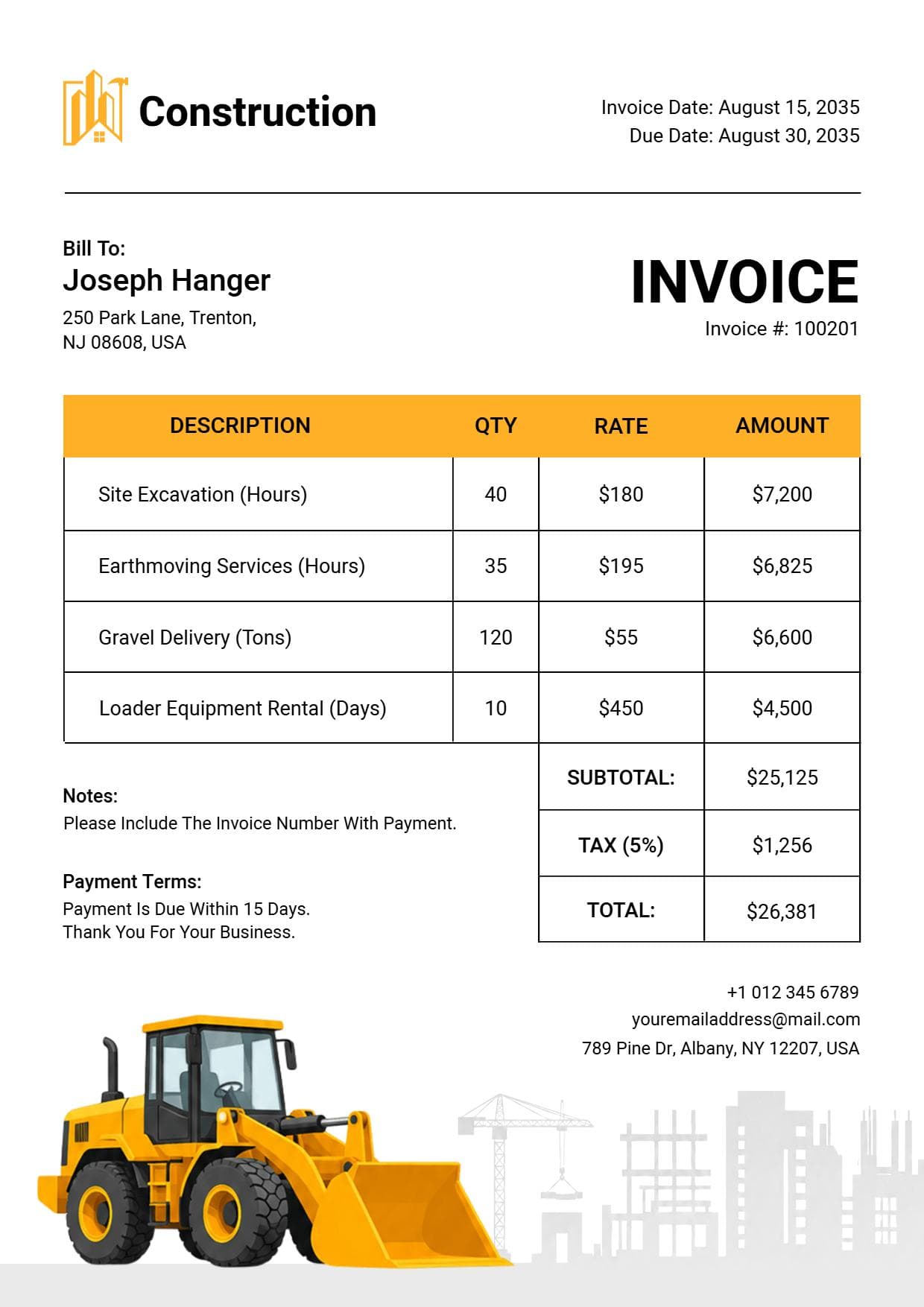 Construction Equipment Rental Invoice Template