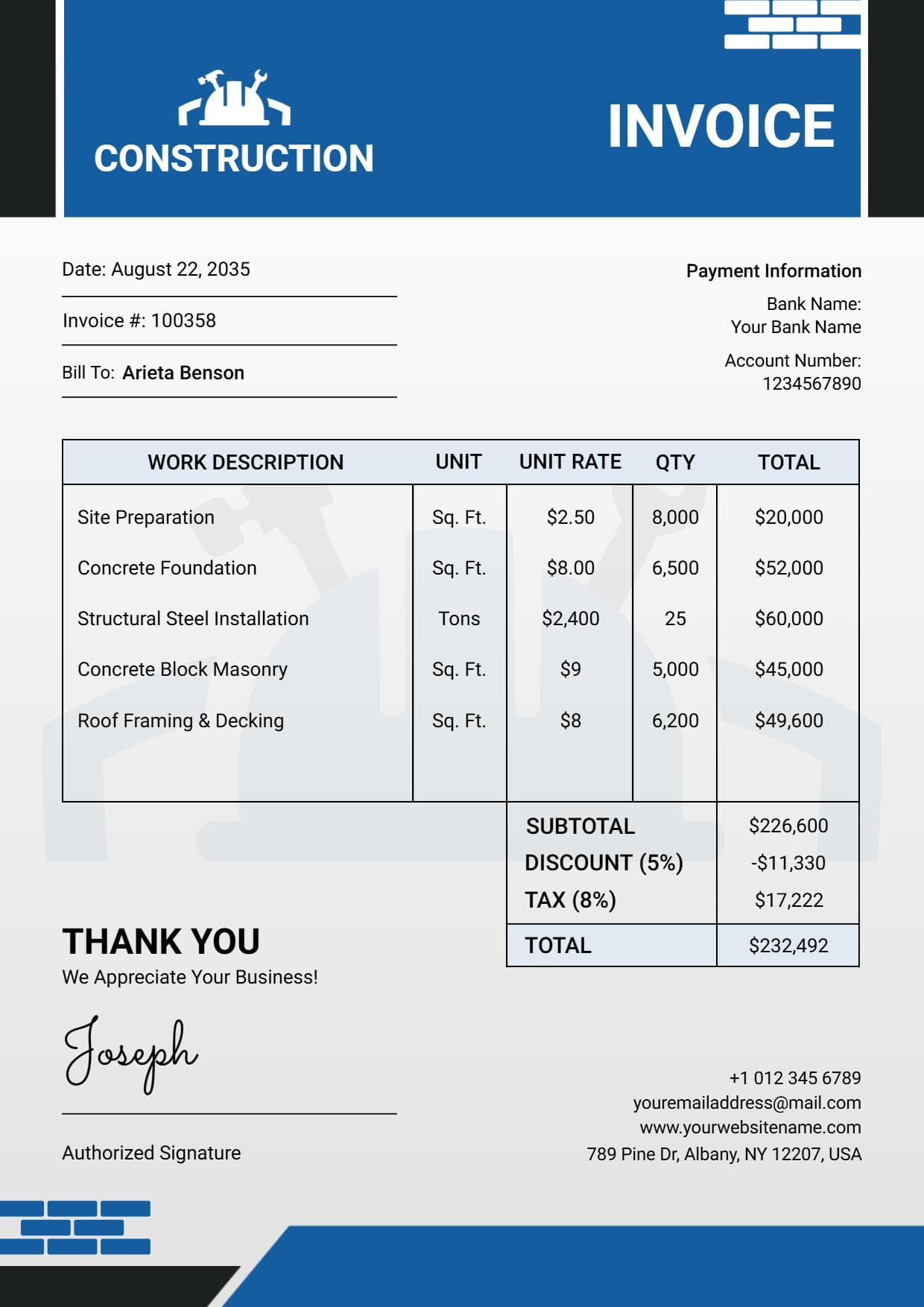 Construction Project Cost Breakdown and Services Invoice Template