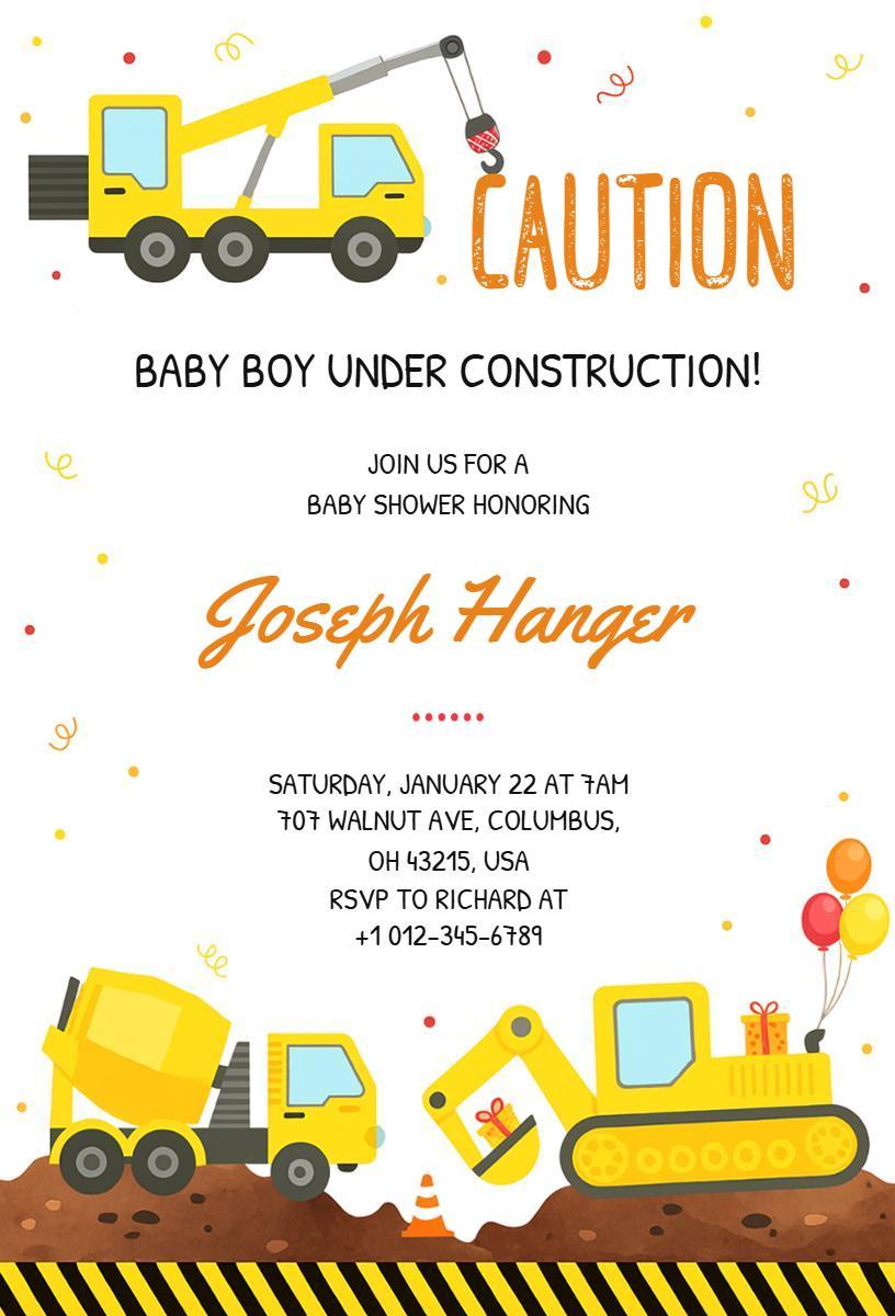 Construction Theme Baby Boy Shower Celebration Invitation Template