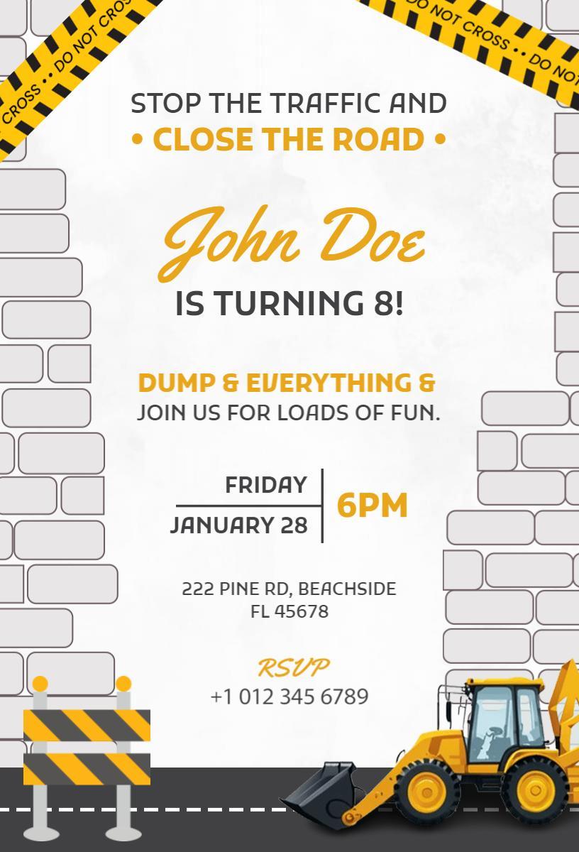 Construction Theme Birthday Bash Celebration Invitation Template