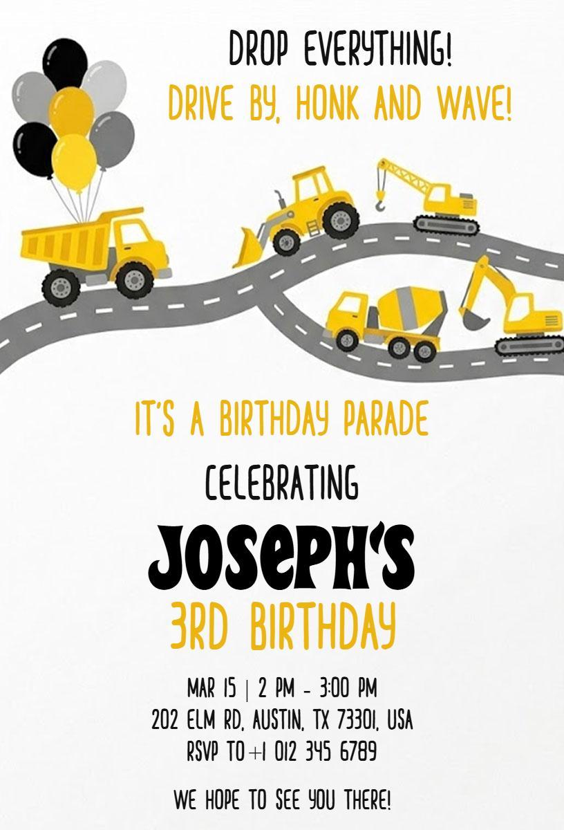 Construction Theme Birthday Parade Celebration Invitation Template