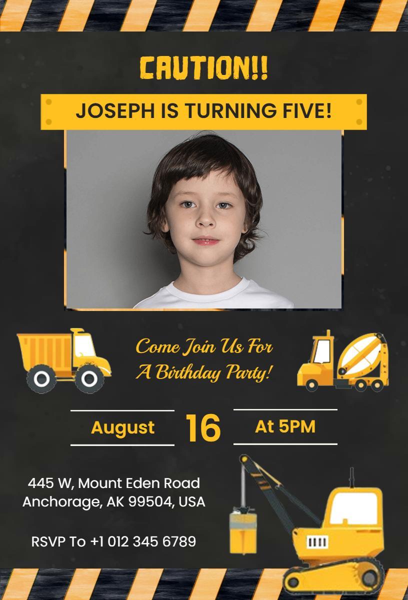 Construction Theme Fun 5th Birthday Celebration Invitation Template