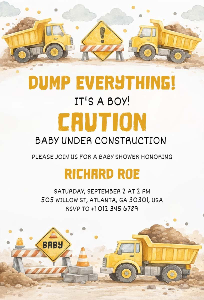 Construction Theme It's a Boy Baby Shower Invitation Template